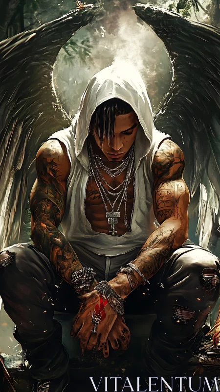 Brooding winged guardian resting in a forest of shadows.