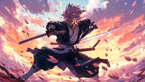 Stormlit swordsman slices dusk skies in a whirlwind stance