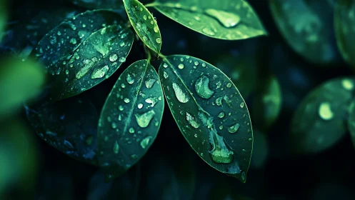 Rain-kissed emerald leaves glimmer in twilight hush.
