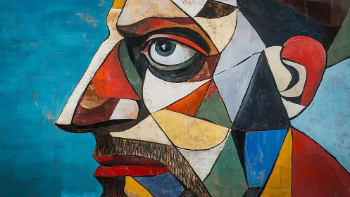 Geometric side profile portrait in segmented color blocks.