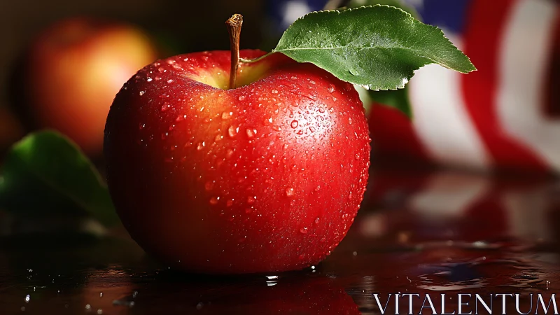 Macro optical study of dew‑laden red apple on wet surface.