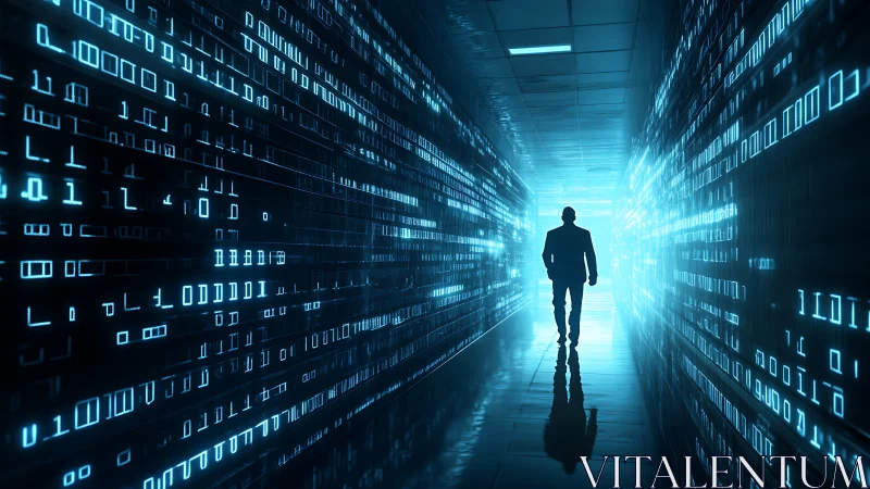 Silhouette in illuminated data corridor with binary code walls.