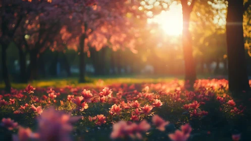 Backlit garden setting with pink flowers and late afternoon sunlight