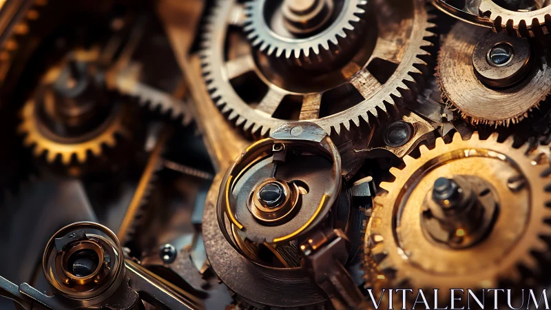 Macro study isolates interlocking brass gears in warm focus