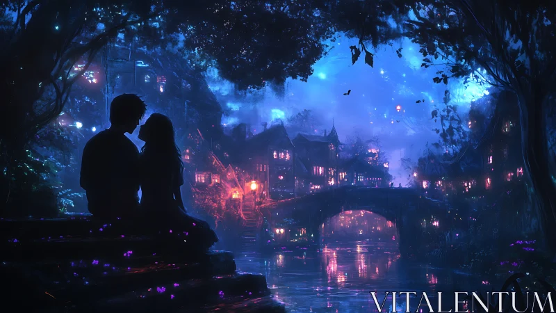 Bioluminescent Cave Silhouettes Over Neon-Lit Dystopian Urban Nocturne