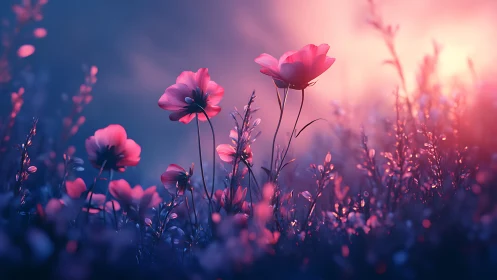 Dreamy Wildflowers Glowing in Soft Pink Twilight.