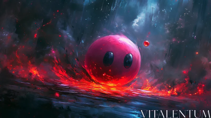 Crimson orb avatar drifts above molten cosmic river.