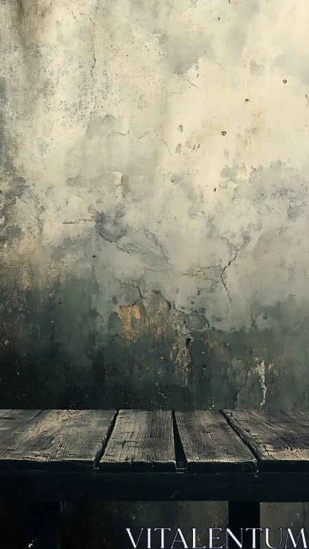 Weatherworn plank table before a moody cracked wall.