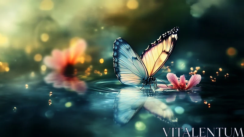 Butterfly on reflective water with blurred floral background.