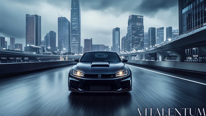 Midnight city streets welcoming a sleek modern sports car.