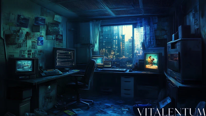 Cyberpunk hacker den overlooks neon-drenched future cityscape.
