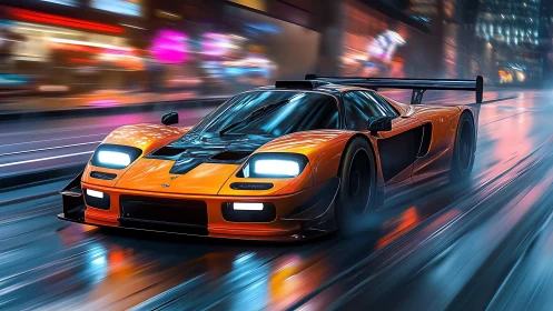 Neon storm racer slicing wet city streets at midnight.