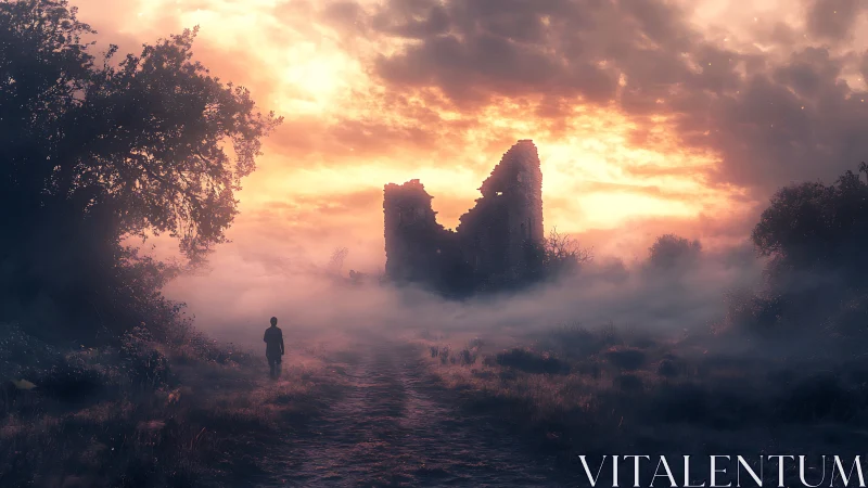 Soft misty sunset welcomes a lone wanderer to quiet ruins
