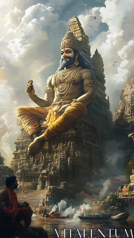 Colossal river god meditates while the temple becomes sky