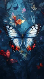Blue butterfly illustration over dark floral night garden.