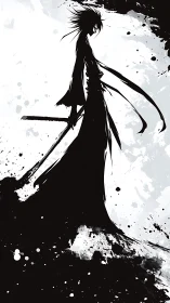 Ink-swept lone swordsman stands bold against white sky