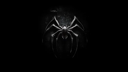 Chrome arachnid emblem on distressed black cinematic backdrop.