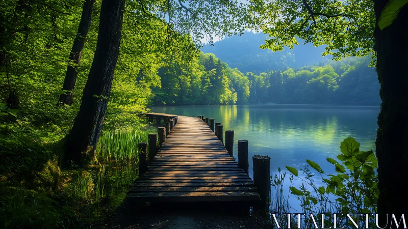 Timber jetty perspective across reflective forest lake waters.