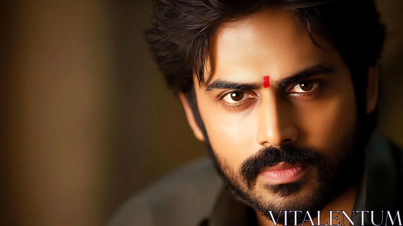 Confident man with tilak gazes forward with calm strength