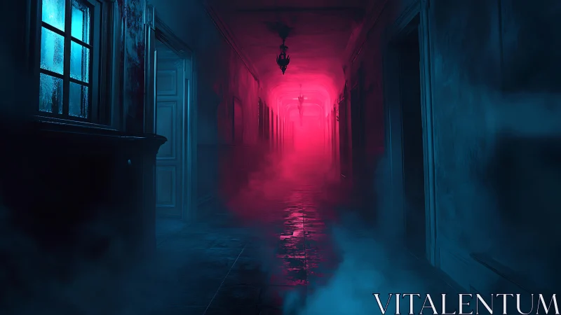 Neon haunted corridor drowned in crimson fog and cyan chill.