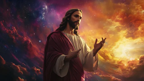 Celestial robed figure illuminated against high-saturation nebula sky