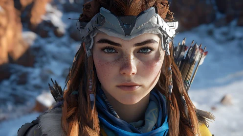 Snowborn huntress with steel crown and ember-bright gaze.