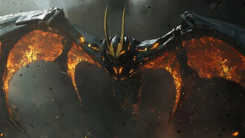 Molten mechadragon erupts from storm-darkened skies of ash.