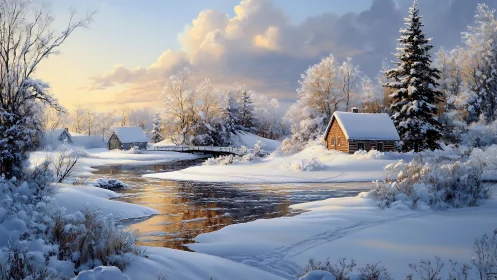 Sunlit winter cabins beside a partially frozen river bend.