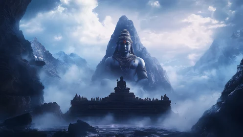 Mountain mists gather as a colossal Shiva guards silent pilgrims