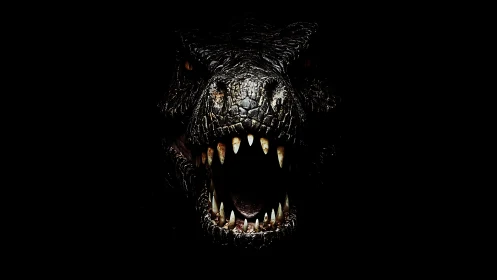 Roaring reptilian beast emerging from shadowed darkness.