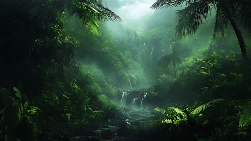 Misty Jungle Valley With Waterfalls.