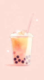 Sunlit bubble tea in soft pastel pink daydream glow.
