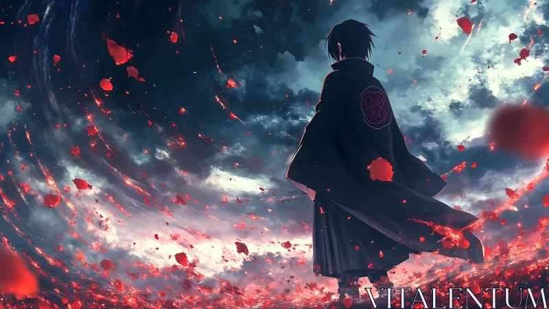 Storm-lit wanderer amid swirling crimson embers.