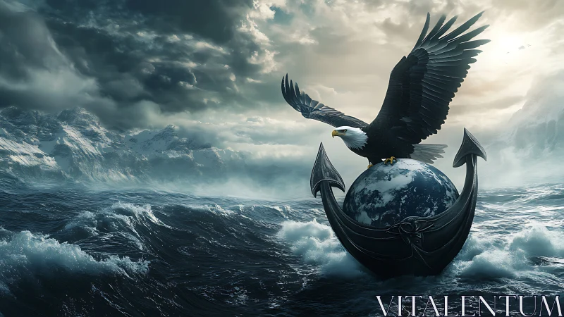 Stormy ocean tableau shows eagle on globe cradled by anchor