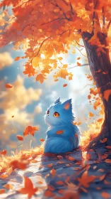 Blue kitten daydreaming beneath glowing autumn canopy.