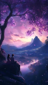 Dreamy purple sunset welcomes two friends above glowing valley