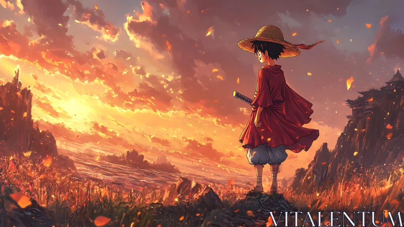 Straw-hatted figure on coastal cliff at vivid sunset sky.