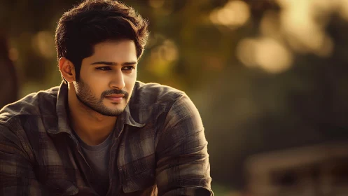 Thoughtful young man in warm golden hour light outdoors.