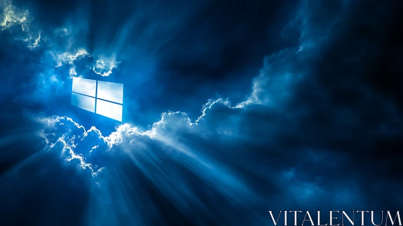 Glowing window logo floats in dramatic blue storm clouds.