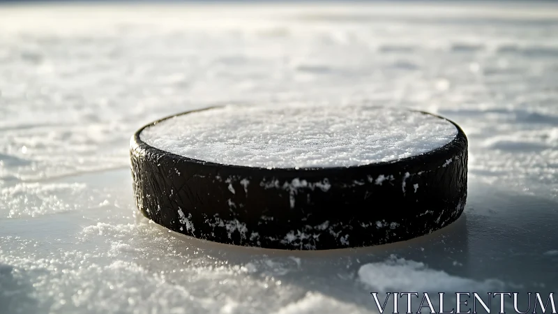 Lonely hockey puck waits like a dark moon on frosted ice