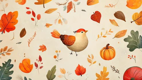 Cute songbird with autumn leaves and pumpkin pattern.