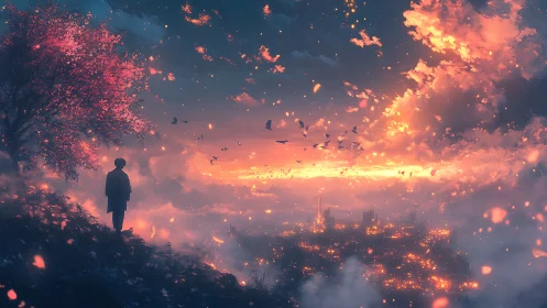 Stargazing dreamer quietly watches a glowing twilight city