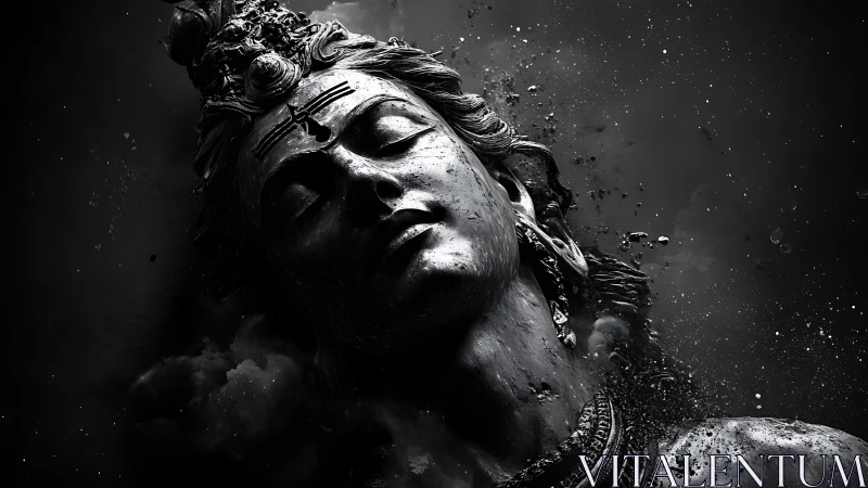 Monochrome divine stone face in partial disintegration.