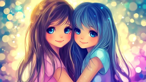 Starlit friends with galaxy eyes in glowing pastel bokeh.