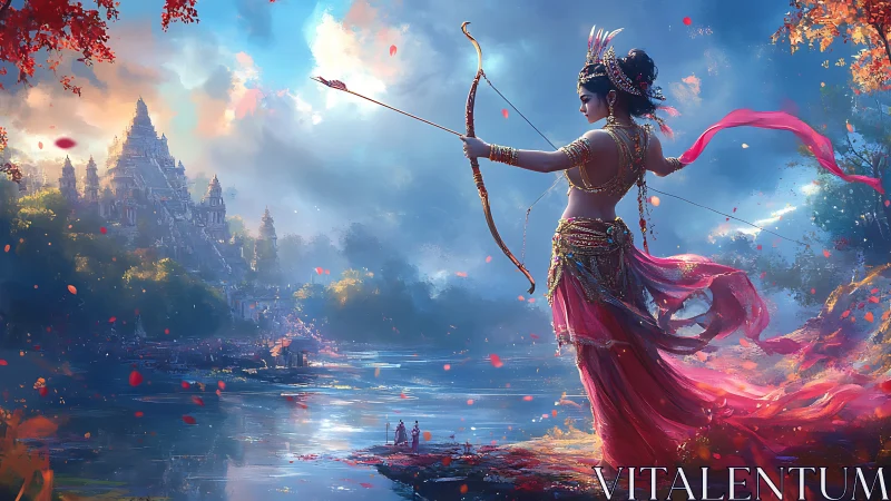 Warrior goddess archer overlooking mythic riverside temple.