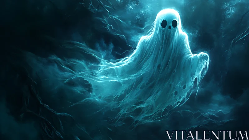 Translucent spectral figure in diffuse blue nocturnal mist.