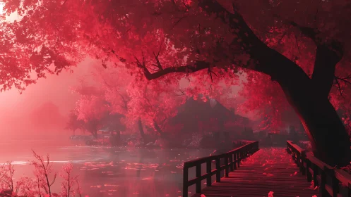 Red forest lakeside with wooden pier in soft misty light.