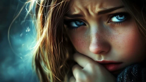 Close worried portrait of freckled girl with blue eyes.