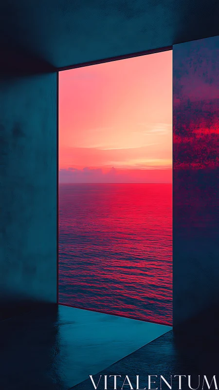 Portal doorway framing neon red ocean horizon at dusk.