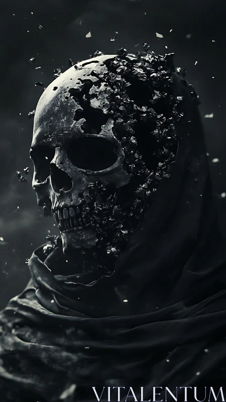 Shattered obsidian reaper skull wrapped in storm-dark shroud.